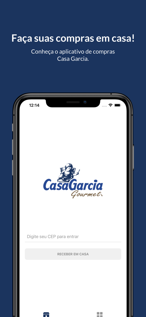 Casa Garcia Gourmet - Tela de boas-vindas do aplicativo de compras Casa Garcia Gourmet para entrega em domicílio, mostrando o logotipo e o campo de entrada do CEP.