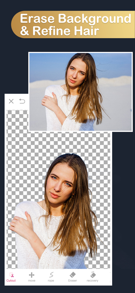 Screenshot der KnockOut HD App, der professionelle Hintergrundentfernung und Verfeinerung von Haarkanten bei einem Porträt zeigt