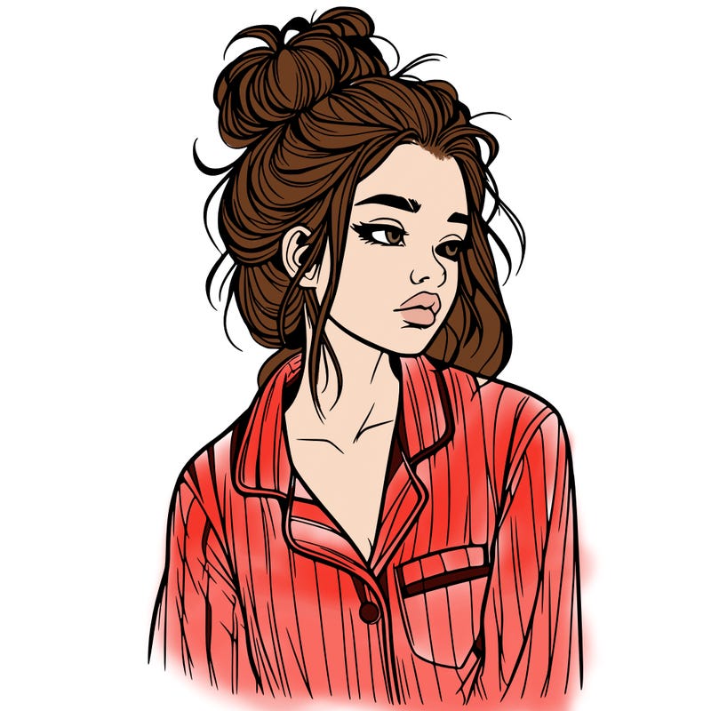realistic woman with pajamas on and a messy bun