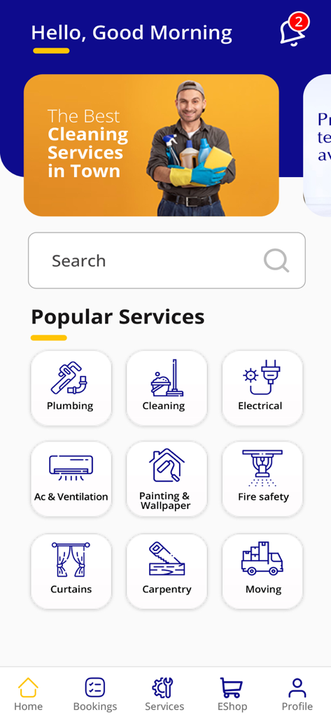 La pantalla de inicio de la aplicación Mend mostrando una variedad de servicios de mantenimiento de propiedades, incluyendo fontanería, limpieza, electricidad y reparación de aire acondicionado.