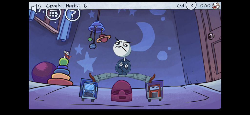 Troll Face Quest Video Memes - A game character performing a parody of the epic split meme between two toy trucks in a bedroom.