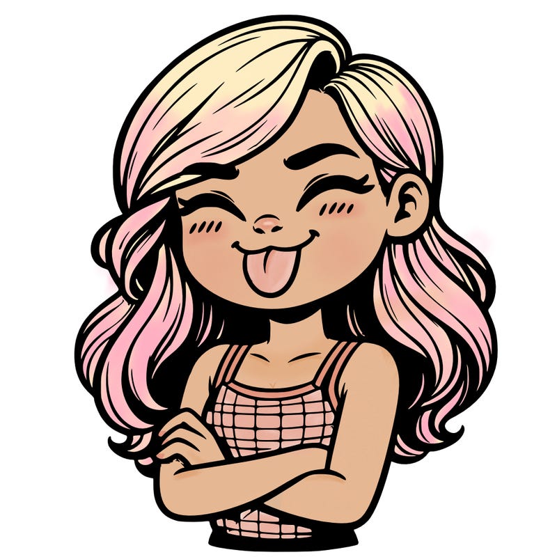 realistic girl crossing her arms and wearing a tank top with her tongue held out she has long hair