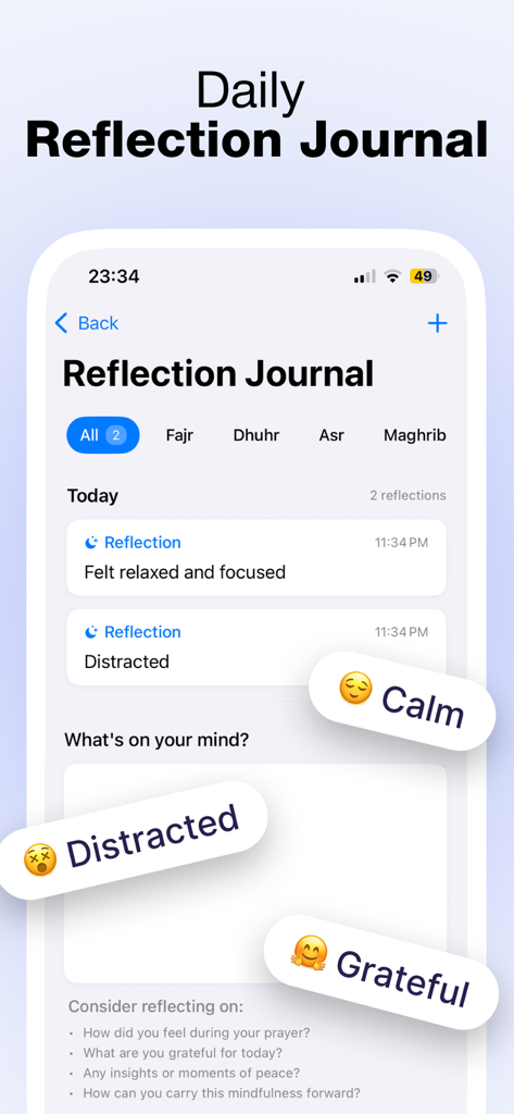Interface of the SalahScreen daily reflection journal showing prayer notes and mood tags.
