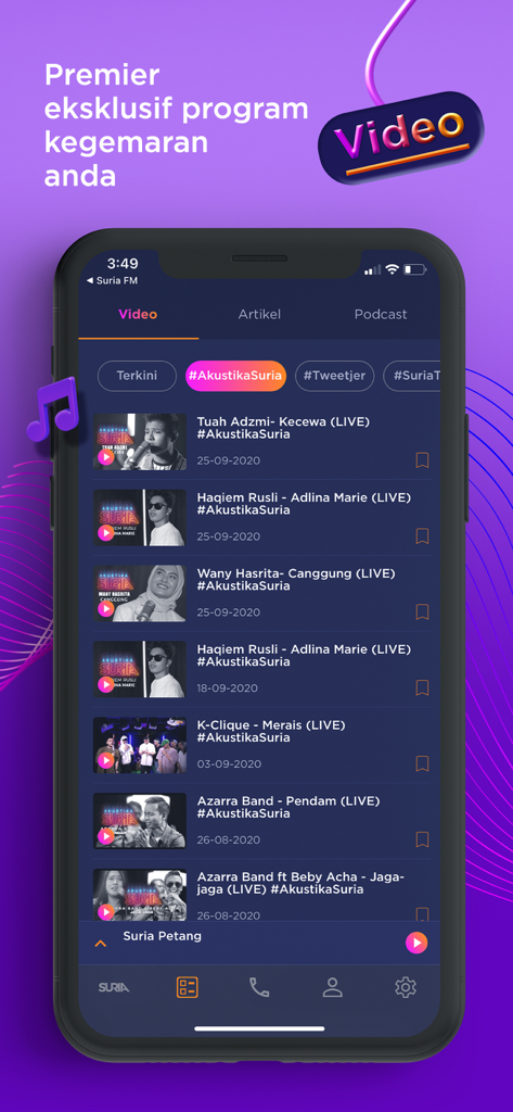 Suria Malaysia - Pantalla de teléfono inteligente mostrando la sección de video de la aplicación Suria Malaysia con una lista de actuaciones musicales en vivo