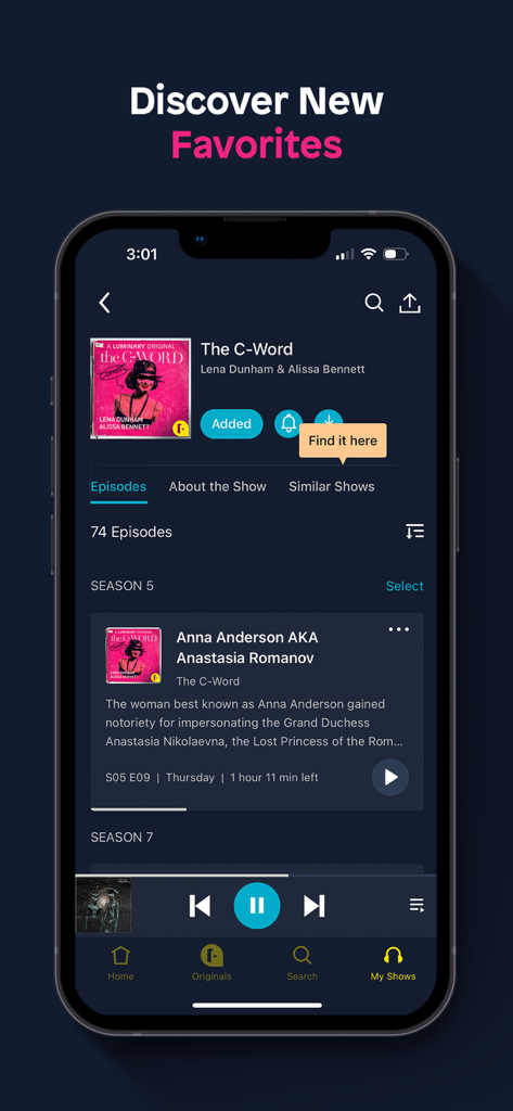 Luminary Podcasts & Originals - Luminary app interface on iPhone displaying the episode list for The C-Word podcast and playback controls.