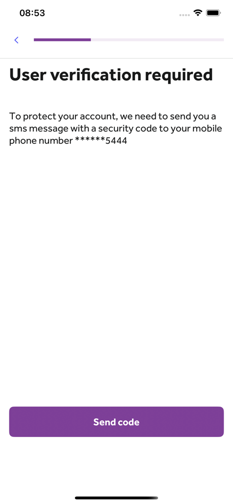 vHealth (Worldwide) - User verification required screen in the vHealth app for account security via SMS code