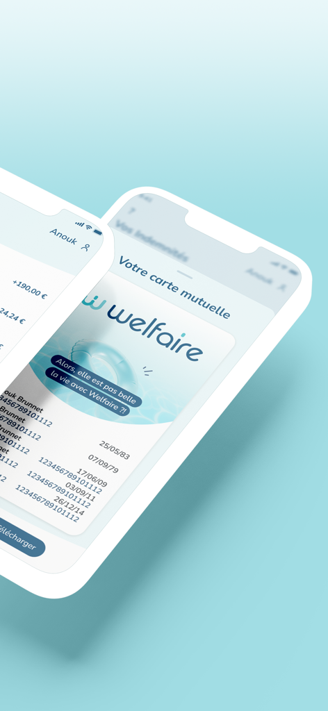Application mobile Welfaire affichant une carte d'assurance santé numérique pour une couverture professionnelle