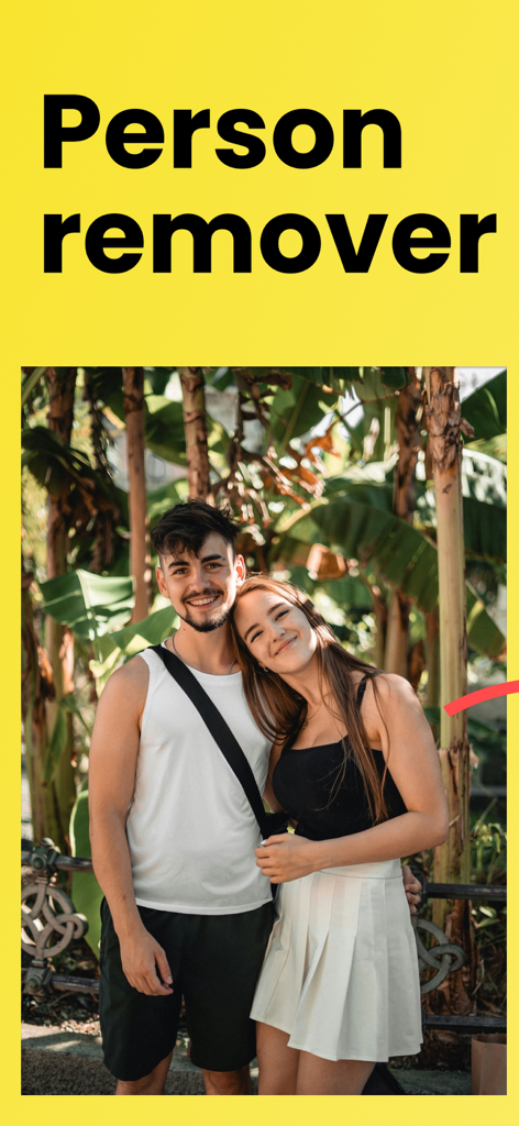 Person remover - Removex - Marketing graphic for Removex app featuring bold text and a couple posing in front of palm trees
