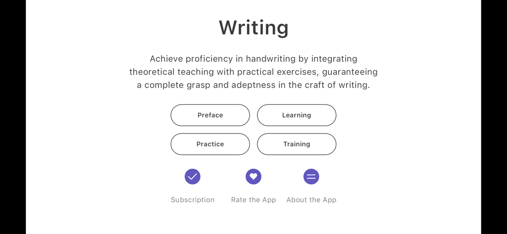 Calligraphy: Cursive Writing - Main menu of the cursive writing app featuring sections for learning and practice