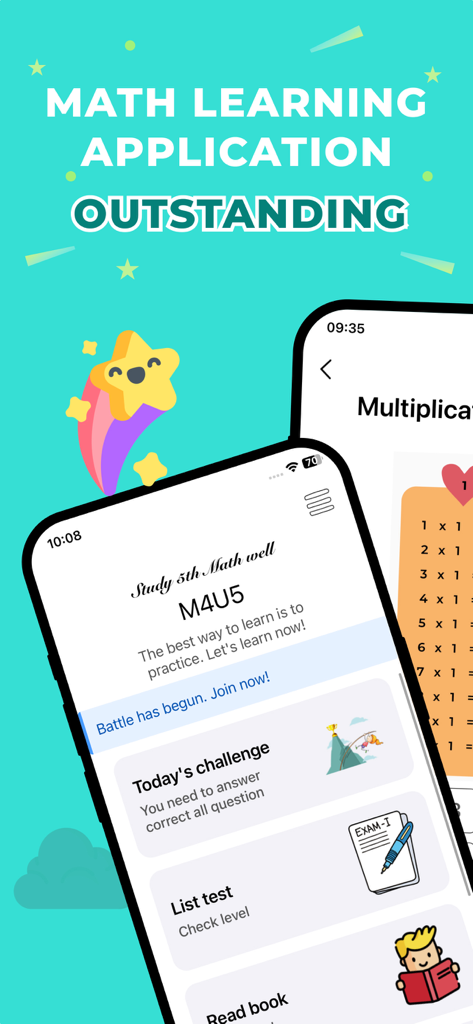 5th grade learning games - Interfaz de la aplicación de juegos de aprendizaje de matemáticas de 5º grado que muestra desafíos diarios y módulos de estudio de multiplicación.