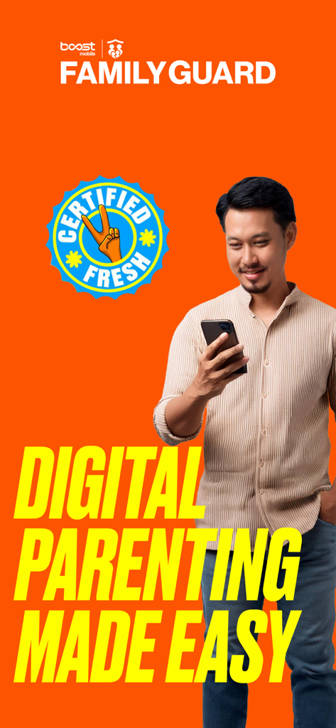 Boost Family Guard - Boost Family Guard app screen showing a man using a phone with the text Digital Parenting Made Easy