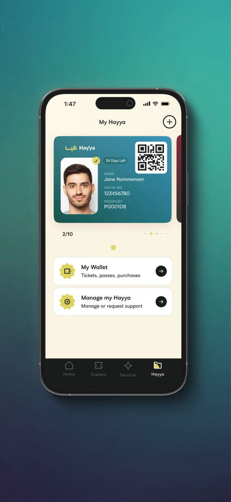 Hayya to Qatar - Une interface mobile de l'application Hayya au Qatar montrant une carte de permis de voyage numérique avec la photo de l'utilisateur et un code QR