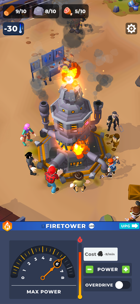 Frost Land Survival - Survivors gathered around a level six firetower in the Frost Land Survival game UI showing resource and power levels