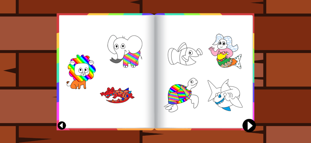 Un libro para colorear digital que muestra animales de dibujos animados y personajes como un león, un elefante y una sirena en páginas blancas con patrones coloridos.