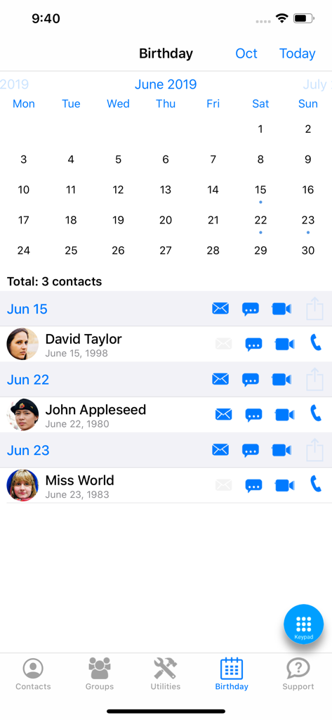 Screenshot of the Contact Pro app showing a monthly calendar view and a list of contact birthdays with quick communication icons.
