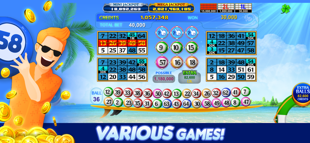 Luck'e Bingo : Video Bingo - Luck'e Bingo gameplay screen showing multiple bingo cards and a beach theme with a cartoon character celebrating