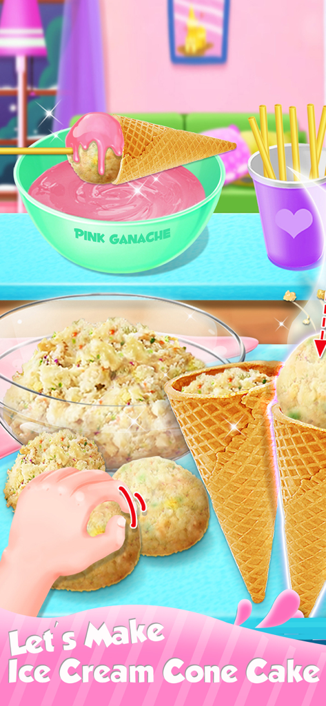 Dipping a waffle cone into a bowl of pink ganache in a kids cooking game