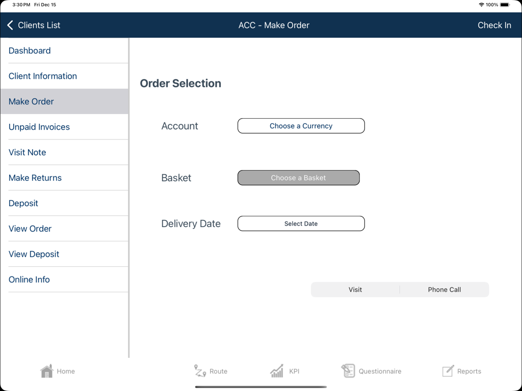 ObegiOrdering - ObegiOrdering iPad application interface showing the order selection screen with fields for account currency basket and delivery date