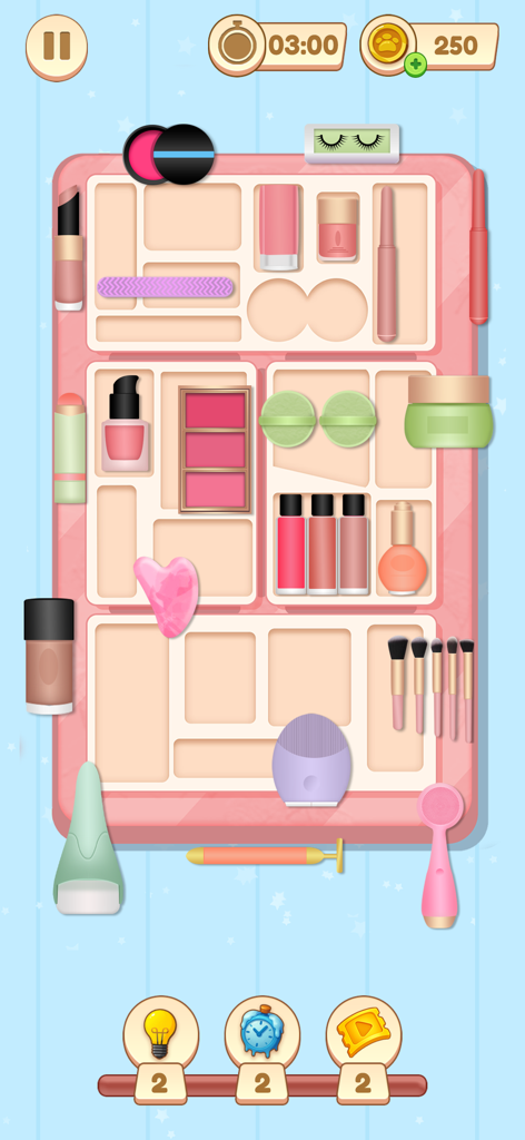 Little Right Organizer Puzzle - A satisfying makeup organization puzzle level with various beauty items in a pink tray.