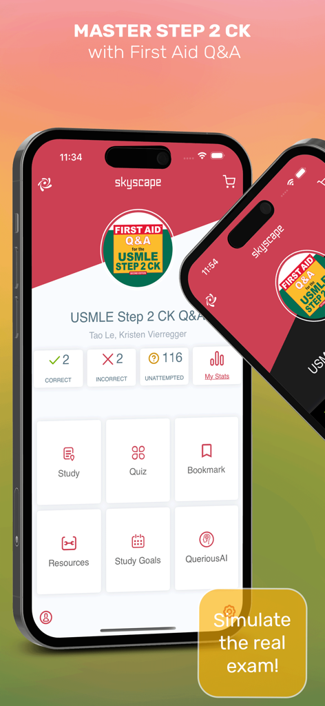 First Aid Q&A USMLE Step 2 CK - Pantalla de inicio de la aplicación Primeros Auxilios Preguntas y Respuestas USMLE Paso 2 CK que muestra estadísticas de estudio y mosaicos de navegación