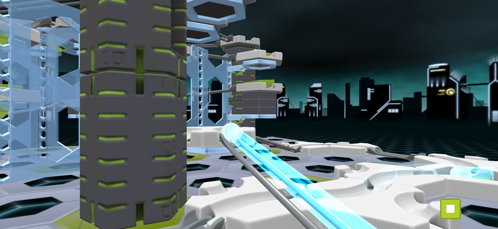 A 3D perspective view of a digital GraviTrax marble run featuring tall towers and a futuristic city backdrop
