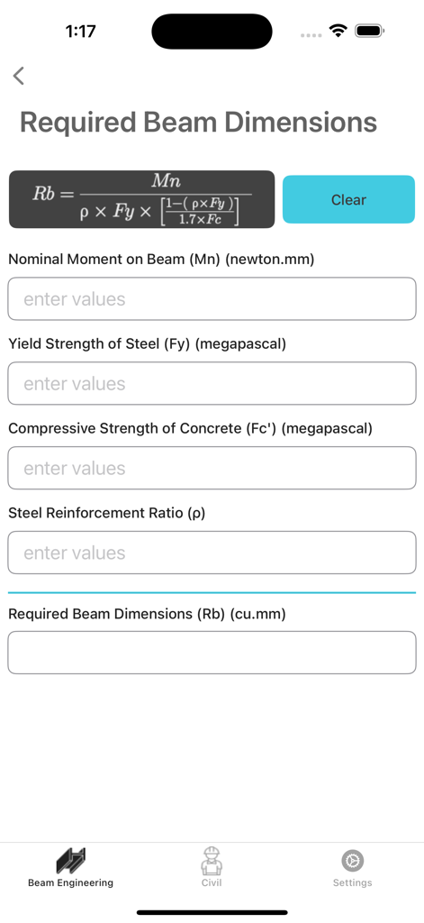 Beam dimensions calculator interface with engineering formula and input fields for structural analysis.