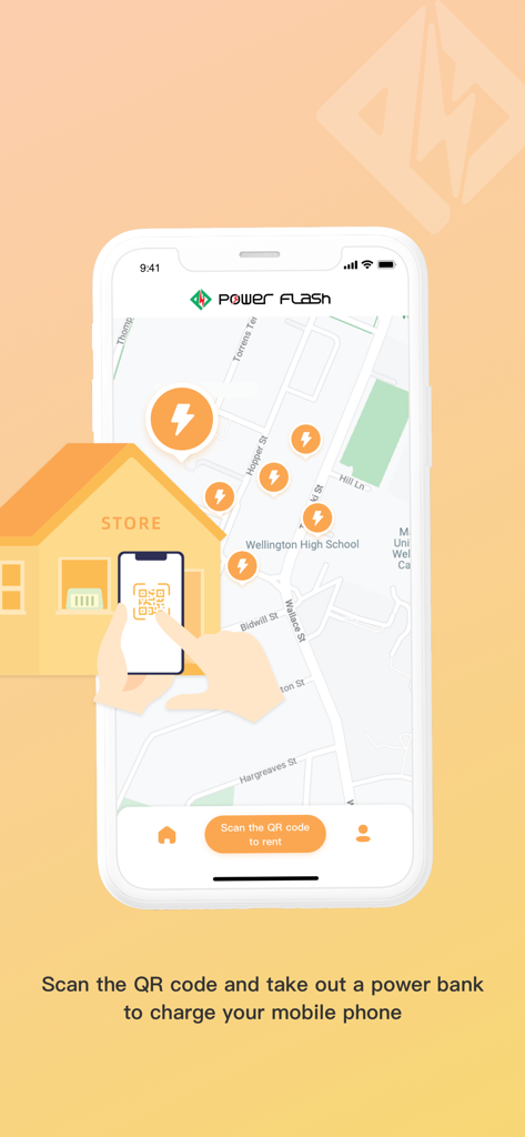 PowerFlash++ - Map showing power bank sharing stations and a user scanning a QR code to rent a charger