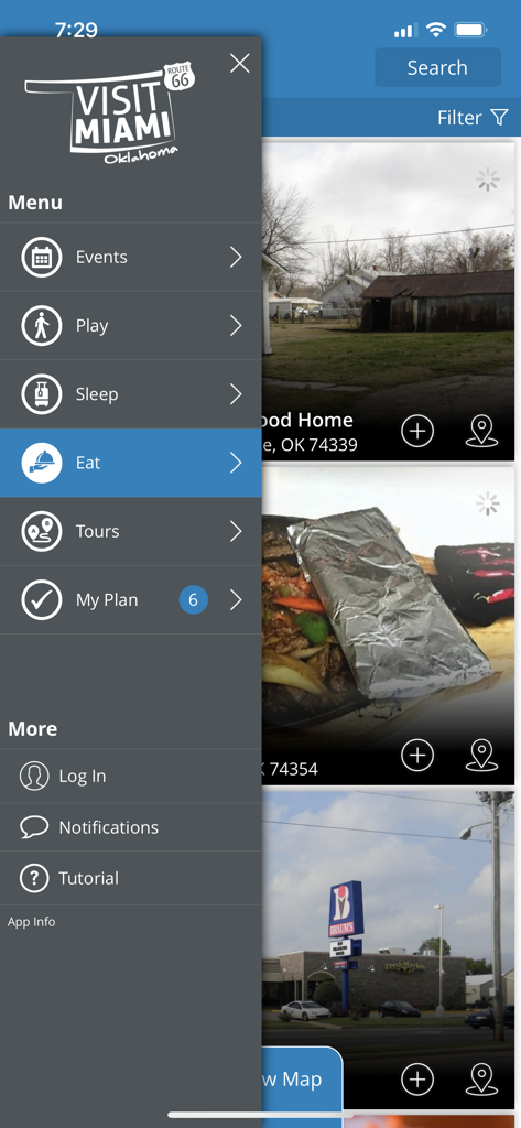 Visit Miami OK mobile app navigation menu showing categories for Events Play Sleep and Eat