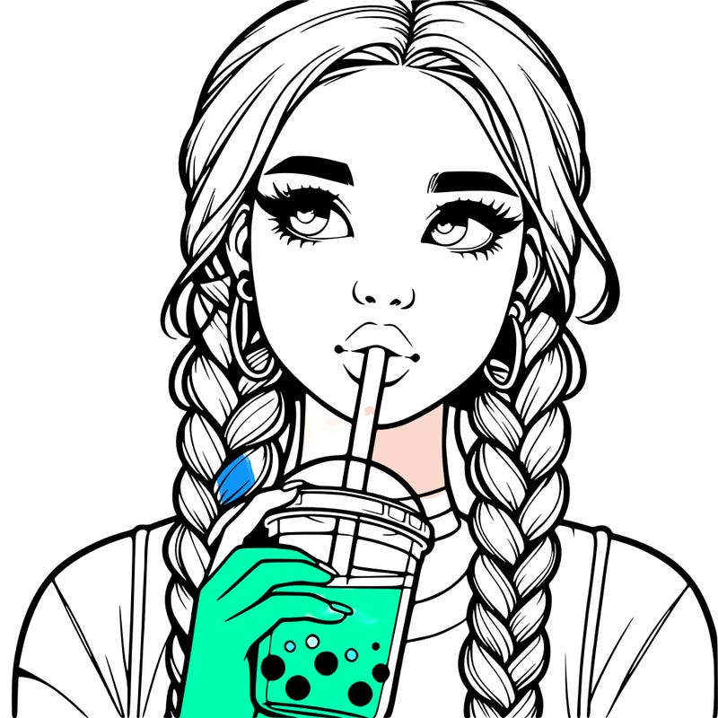realistic girl with braided hair drinking boba