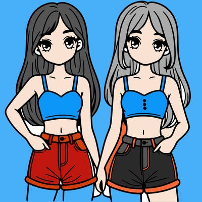 two sisters with crop tops and jean shorts and straight hair