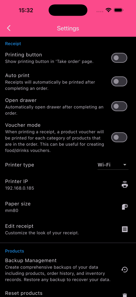 Pantalla de configuración de la aplicación Caja Registradora PoS con opciones de impresión de recibos y configuración de impresora.
