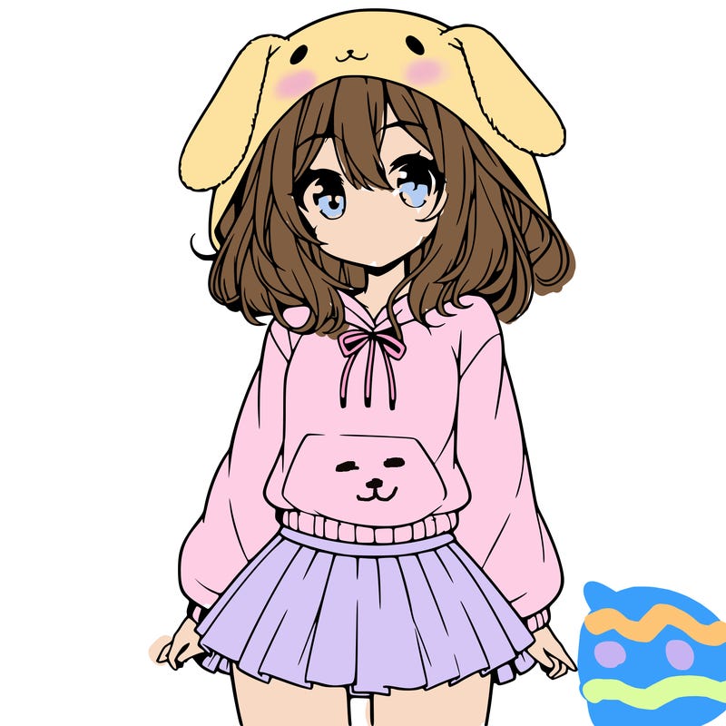 pretty anime girl wearing a fluffy hoodie with bunny ears on the hood and a skirt