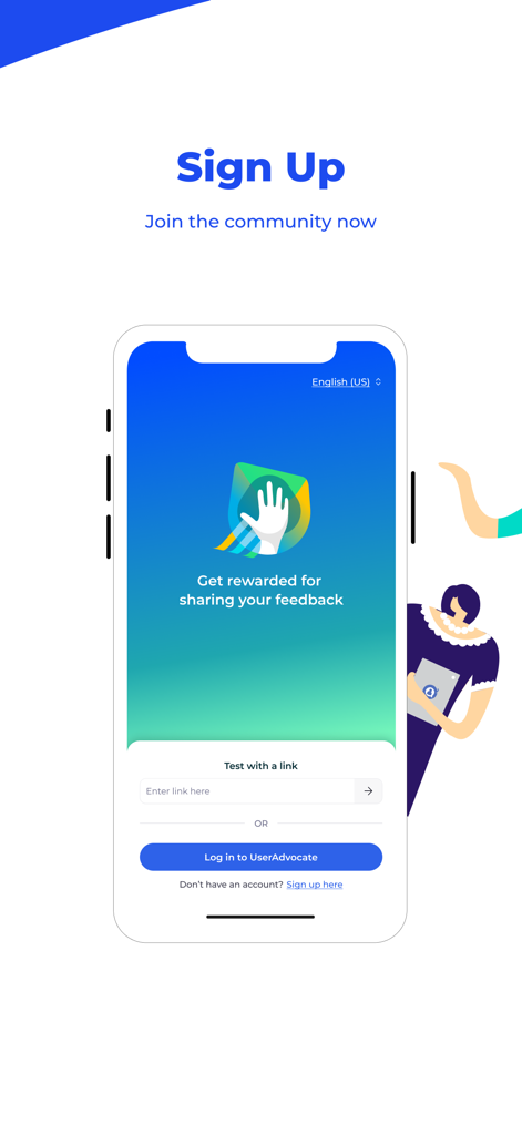 UserAdvocate app signup screen showing feedback rewards and login options
