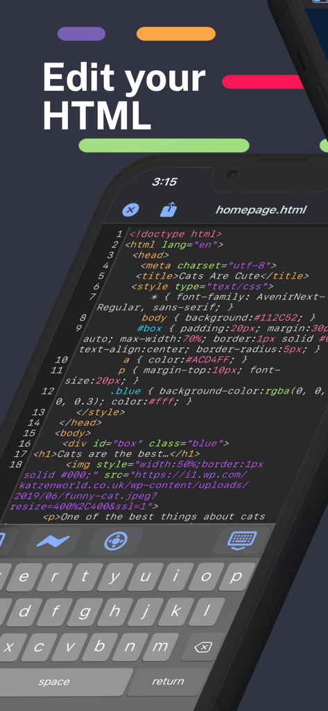 HTML Editor - Mobile HTML code editor with syntax highlighting and keyboard interface on an iPhone