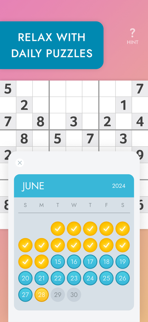 Sudoku app interface displaying a June calendar with completed daily puzzle challenges.