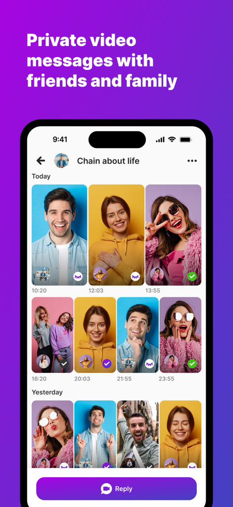 Chainstr: Video Chains - Chainstr mobile app interface displaying private video messages from friends and family organized in a chain
