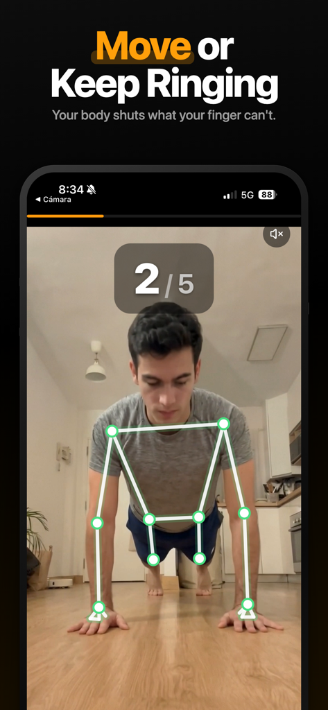WakeNow: Loud Alarm Clock - A man performing push ups in front of a phone to silence the WakeNow alarm clock.