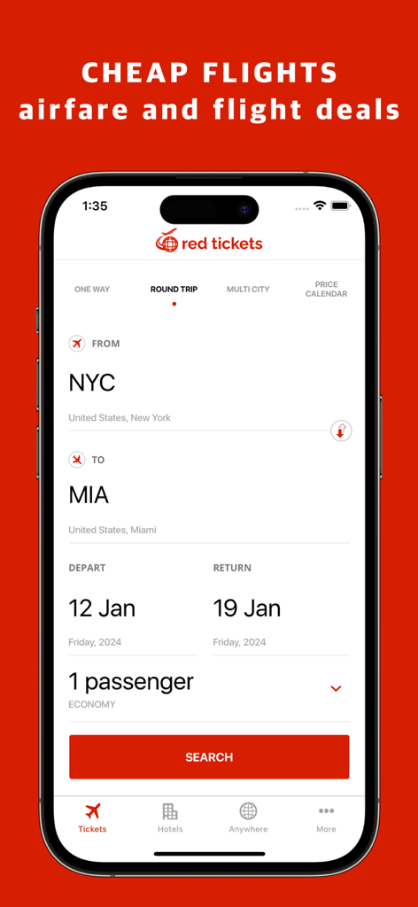 Red Tickets mobile app flight search screen showing a round trip from New York to Miami