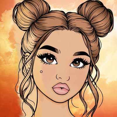 realistic girl with two buns on her hair and lips