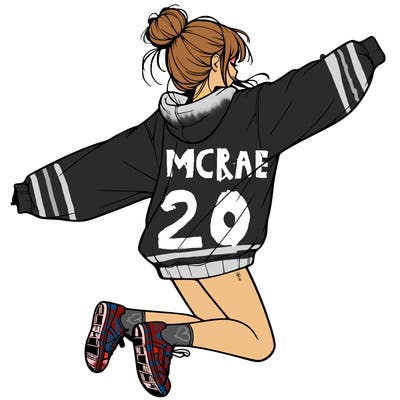 realistic girl jumping with a bun and oversized sweatshirt