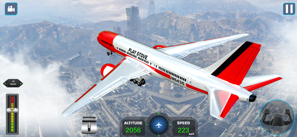 Captura de pantalla del juego de un avión comercial volando sobre un paisaje urbano 3D en Simulador de Vuelo de Aviones 3D