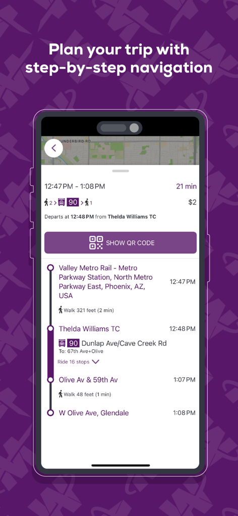 Valley Metro mobile app screen showing step by step navigation for a transit trip in Phoenix
