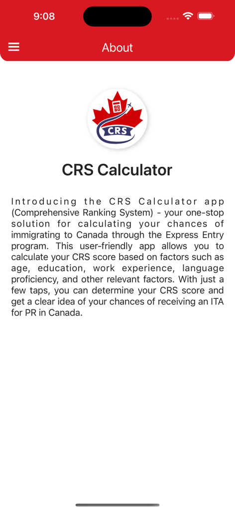 About screen of the CRS Score Calculator app for Canada Express Entry