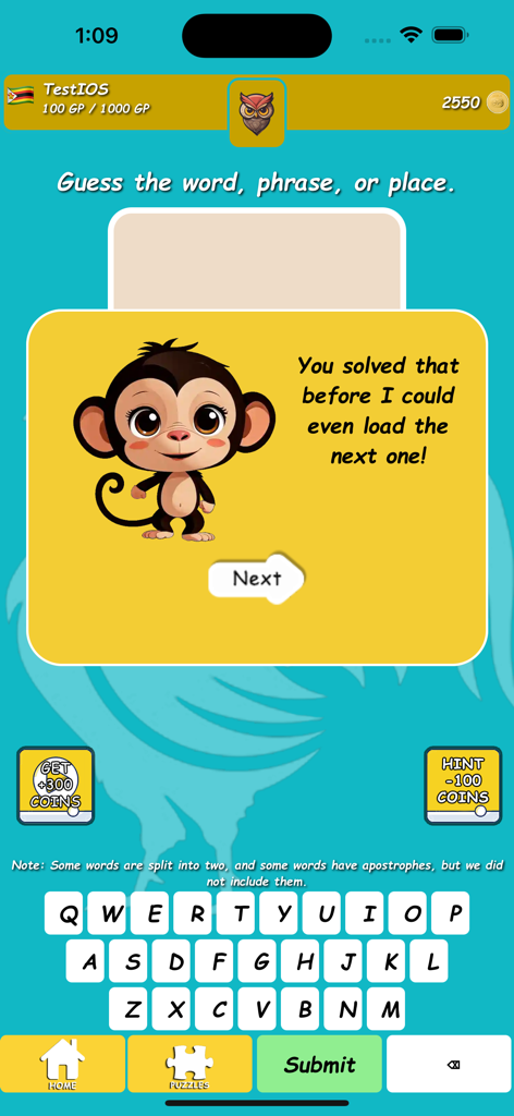 Rebus Puzzle: Brain Teaser - Rebus Puzzle game interface showing a success message with a cartoon monkey and a word keyboard.