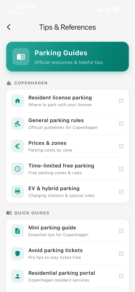 Legal Parking app screen showing tips and references for Copenhagen parking rules and guides
