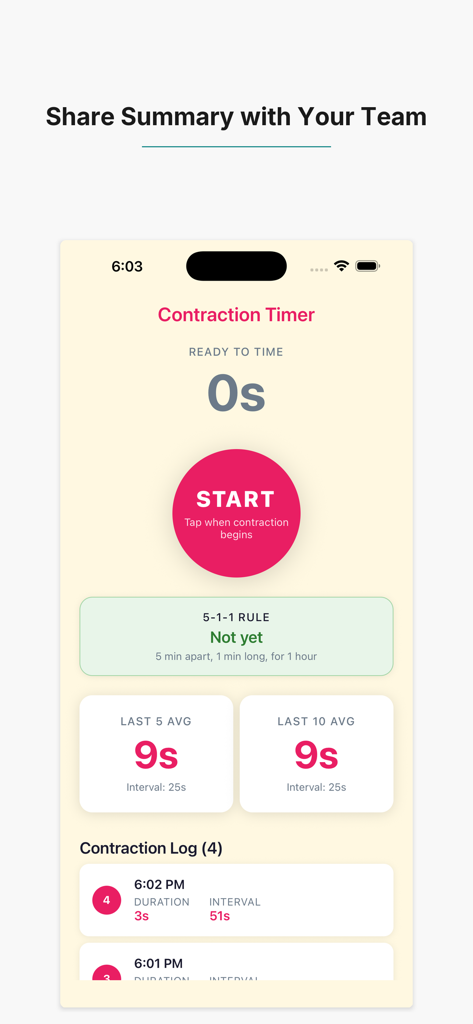 Contraction Timer: 5-1-1 - Screenshot of the Contraction Timer 5-1-1 app interface showing a start button, current averages, and a log of recent contractions.
