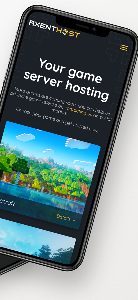 AxentHost - AxentHost mobile app home screen for game server hosting featuring Minecraft