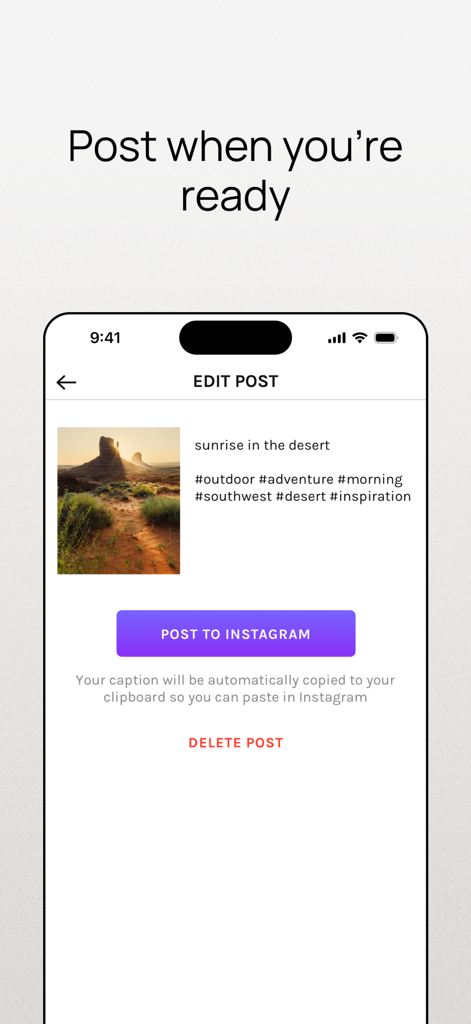Mobile app interface showing an edit post screen with a desert sunrise photo and a button to post to Instagram