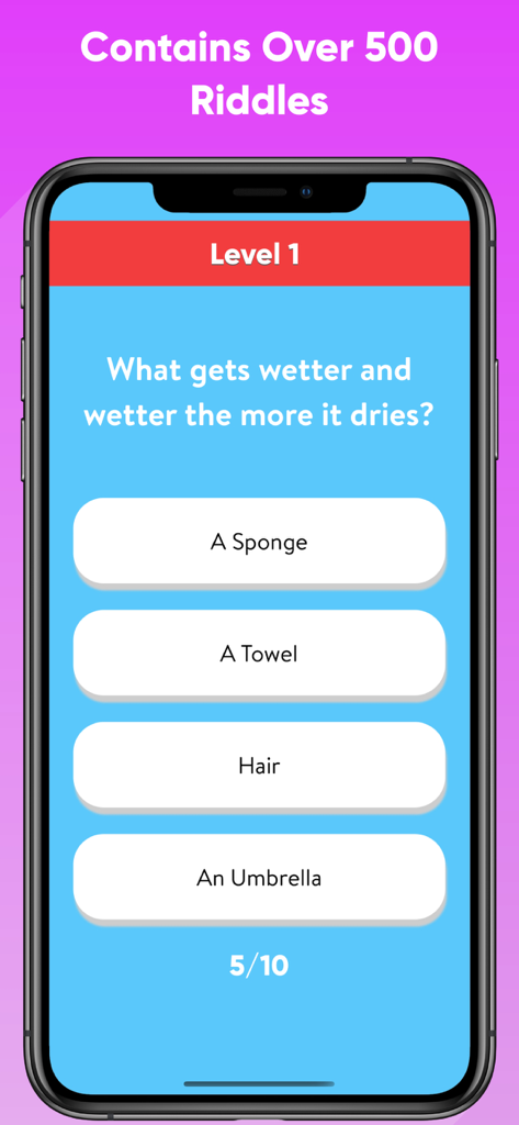 레벨 1에서 여러 객관식 답변이 있는 수수께끼 질문을 보여주는 Riddle Test Brain Teaser Game의 게임 플레이 스크린샷.