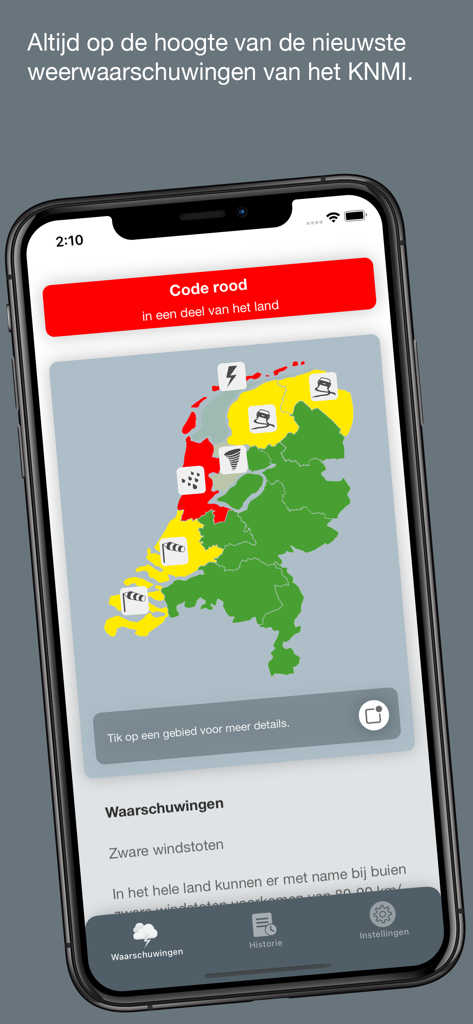 Smartphone screen displaying the Weeralarm Nederland app with a color-coded weather warning map of the Netherlands